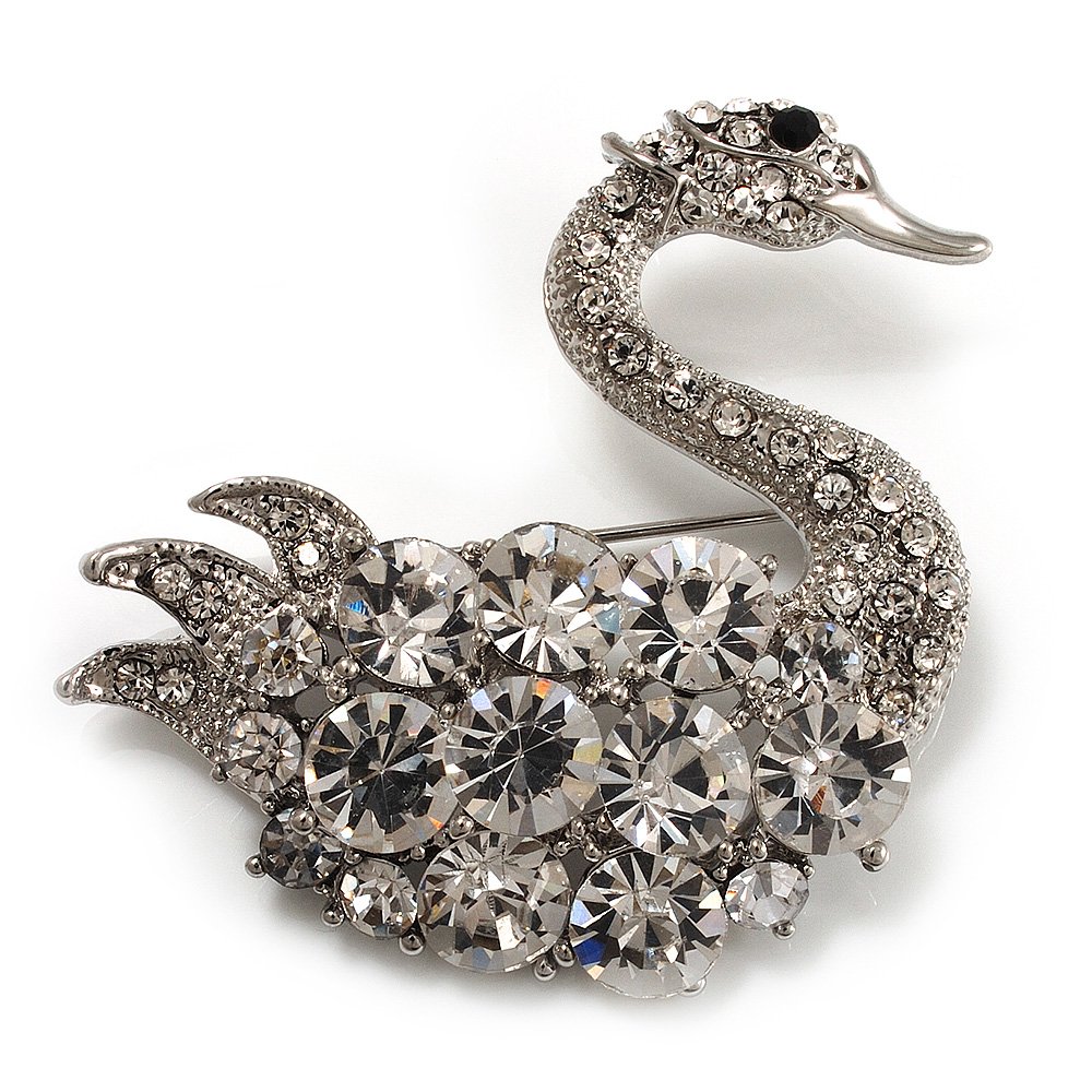 Rhodium Plated Diamante Swan Brooch (Clear)