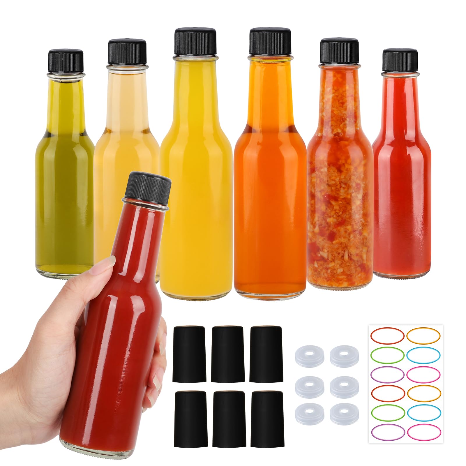 Photo 1 of STARSIDE 5 oz Hot Sauce Bottles 6 Pack, Empty Pepper Sauce Bottle, Clear Glass Woozy Bottles with Leak Proof Black Screw Cap,150ml Empty Wine Bottle