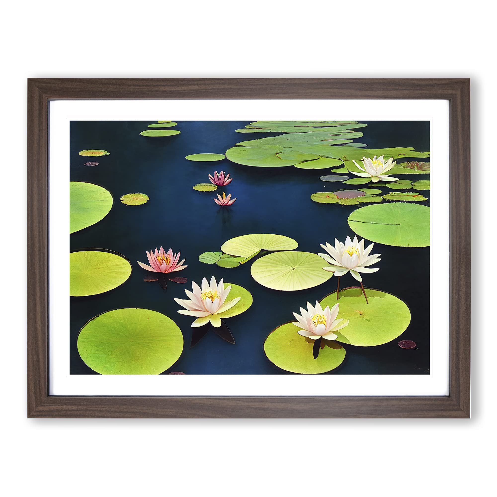 Extraordinary Water Lily Pond Framed Print | A4 Walnut Framed Wall Art | Ready to Hang | Modern Floral Picture | Living Room Bedroom Lounge Office