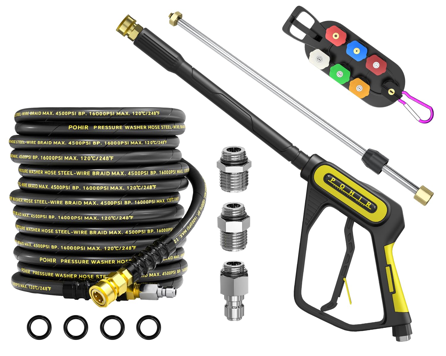 Photo 1 of POHIR Pressure Washer Gun and Hose 4500PSI 3/8'' Kit, 50FT Power Washing Hose Steel Braided 3/8'' Quick Connector with 40'' Extension Wand & M22-14/15mm Fitting & 7 Nozzle Tips for Cleaning
