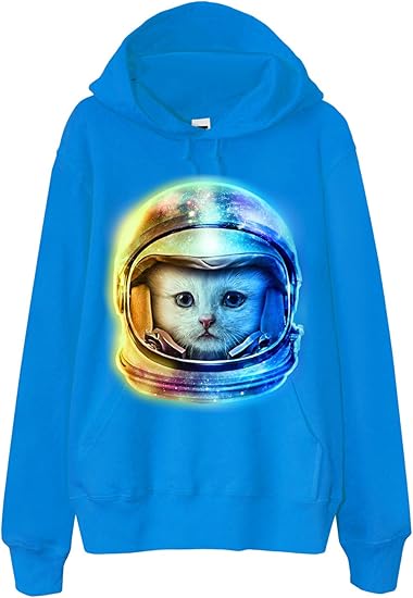 Amazon ノーブランド品 ヘルメットをかぶる子猫の宇宙飛行士３ オーシャンブルー Lサイズメンズ フード付きパーカー オリジナルプリント 通販