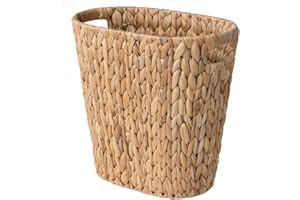ZILAMGOO Handwoven Water Hyacinth Trash Can - Natural Wicker Waste Basket with Wooden Handles, Slim Oval Design for Bathroom, Bedroom, Office (13"x7.5"x12") | Eco-Friendly & Space-Saving Storage Bin (1)