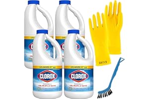 Vroze Clorox Bleach, 4 Bottles (40 oz. each) - Clorox Toilet Bowl Cleaner - Clorox Cleaner With Bleach - Bleach For Laundry - Bleach Liquid with 1 Pair Grixo Rubber Gloves and Grout Brush