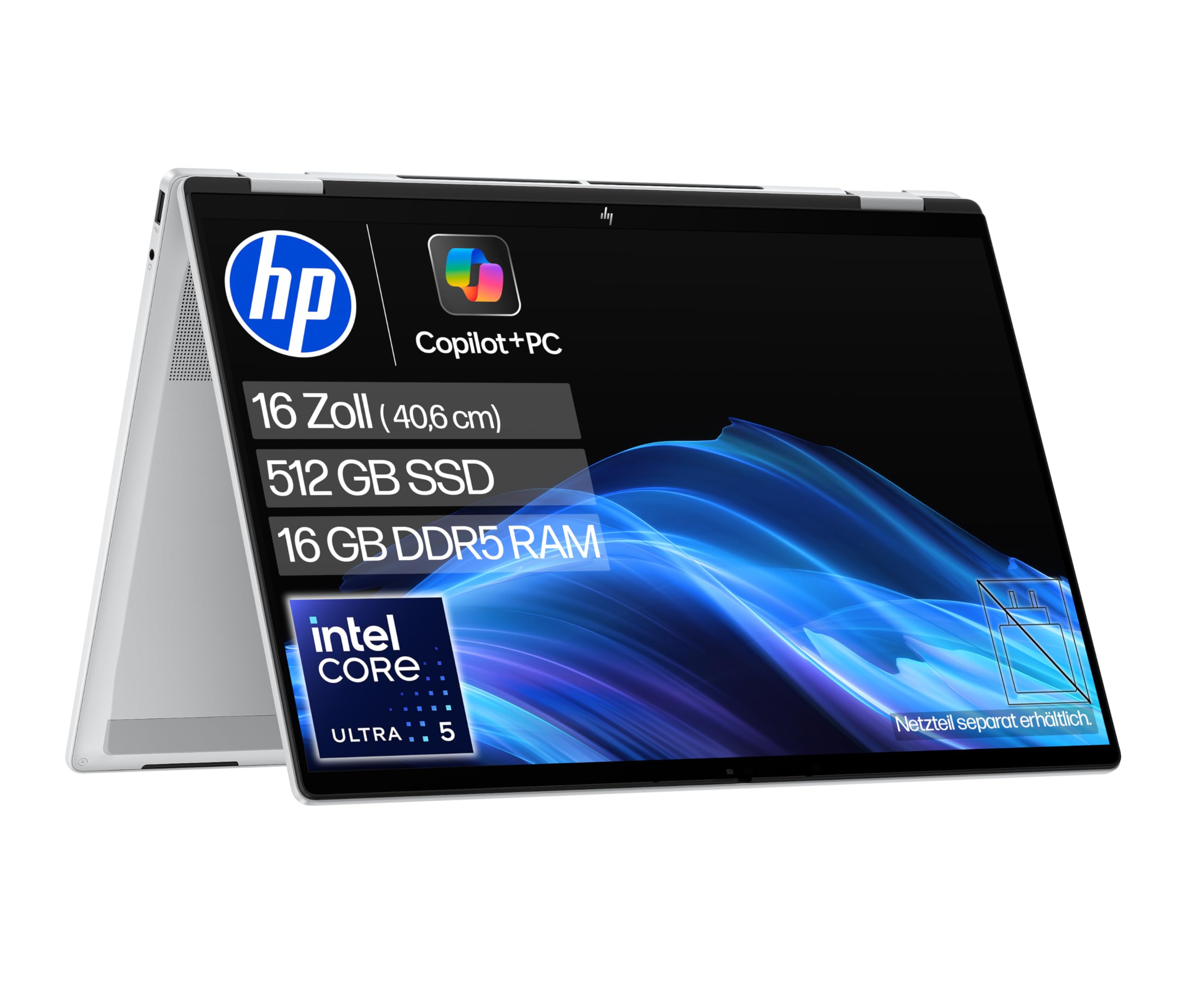 HP OmniBook X Flip 2-in-1 Laptop (16" 2K Touchscreen, Intel Core Ultra 5, Copilot+, 16GB RAM, 512 GB SSD, Win11, QWERTZ) - Silber