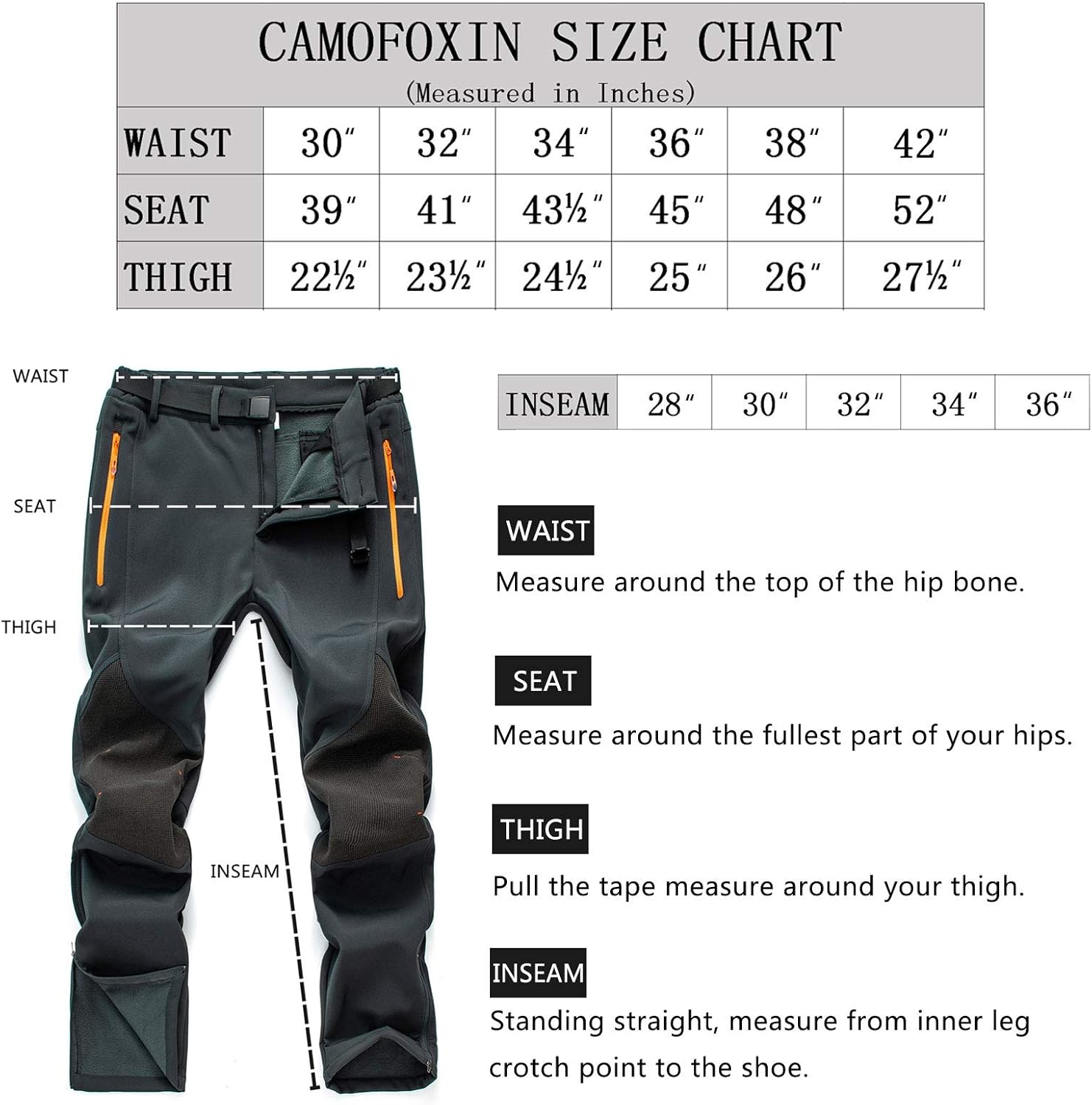 CAMOFOXIN Men's Fleece Ski Pants with Belt, Waterproof Snow Hiking Pants for Snowboarding (Black, Grey): Clothing
