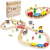 WoodenEdu 60Pcs Train Set for Toddlers, Bridge & Double-Side Wooden Train Set Tracks, Fits Brio, Thomas, Melissa and Doug, Kids Gift Toys for 3 4 5 Years Old Boys Girls