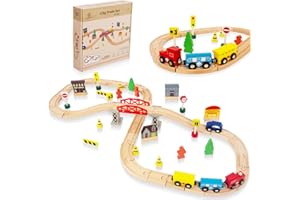 WoodenEdu 60Pcs Train Set for Toddlers, Bridge & Double-Side Wooden Train Set Tracks, Fits Brio, Thomas, Melissa and Doug, Kids Gift Toys for 3 4 5 Years Old Boys Girls