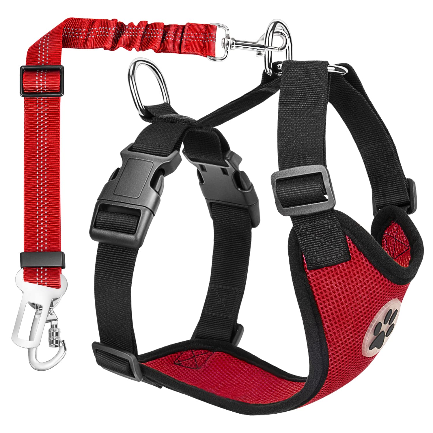 Nasjac Dog Car Harness with Seat Belts, Safety Adjustable Dog Seat Belts for Cars with Clip and Buckle, Breathable Mesh Pet Vest Harness Seatbelts with Secure Elastic Buffer for Travel
