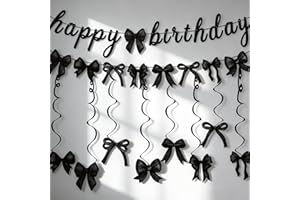 Black Happy Birthday Banner Garland with Hanging Swirls-Bow Themed Birthday Party Decorations for Girls Coquette Celebration,