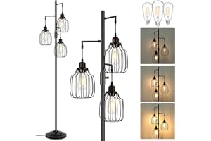 BRIGHTHOME Dimmable Industrial Floor Lamp with 3 LED Edsion Bulbs, Farmhouse Tall Standing Lamp for Living Room, Rustic Black Tree Bright Vintage Pole Light with Cage Shades for Bedroom Home Decor