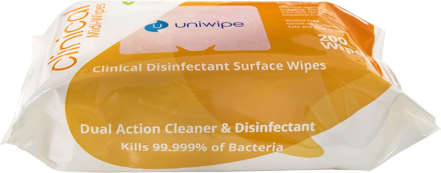 Uniwipe Clinical Midi-Wipes, Antibacterial, Sanitising, Kills 99.999% of Germs, 200 Count, Yellow Zone, 200 count (Pack of 1)