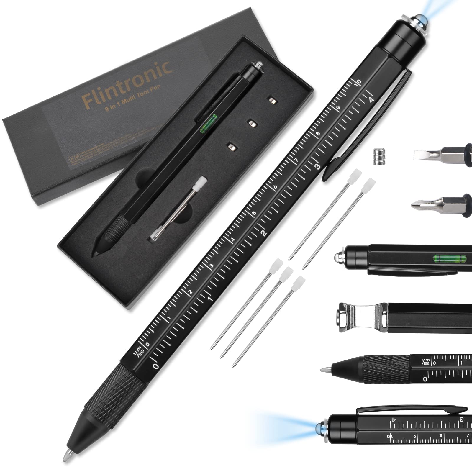 flintronic Gifts for Men, Stocking Fillers for Men, 8 in 1 Multi Tool Pen, Secret Santa Gift for Mens, Dad Christmas Gifts for Him, Birthday Gift for Fathers Day Birthday Anniversary Teenage Boys
