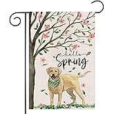 EKOREST Hello Spring Dog Garden Flag 12x18 Inch Double Sided,Golden Retriever Under The Tree Small Yard Flag for Outdoor,Summer Seasonal Decors for Farmhouse Holiday Outside