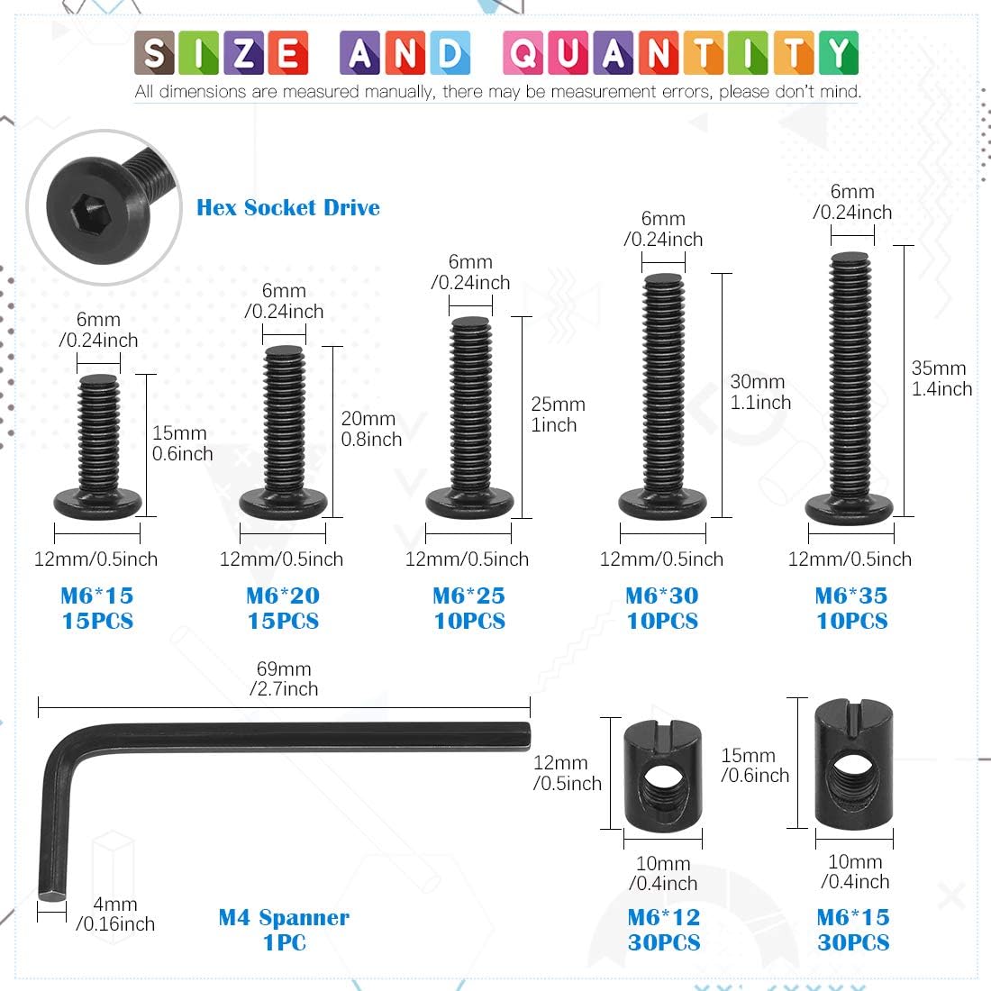 Glarks 120Pcs M6x15/20/25/30/35mm Black Hex Socket Cap Bolt and Barrel Nut Assortment Kit with a Allen Wrench for Crib Baby Bed Cots Furniture - Image 3