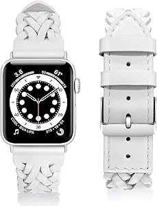 Fitlink Genuine Leather Bands Compatible with Apple Watch 38mm 40mm 42mm 44mm, Genuine Leather Replacement Strap Compatible with Apple Watch Series 6/5/4/3/2/1/SE for Woman Girl (White, 42/44 mm)
