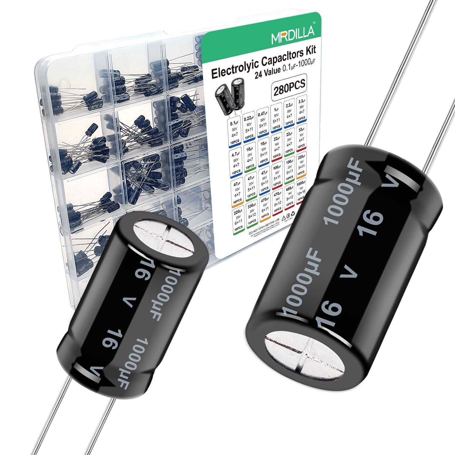 Photo 1 of 280 Pcs Electrolytic Capacitor Assortment Kit(0.1uf - 1000uf), 24 Values Direct Insertion Aluminum Electrolytic Capacitors 10v 16v 25v 50v Available for TV, LCD Monitor, Radio, Stereo, Game