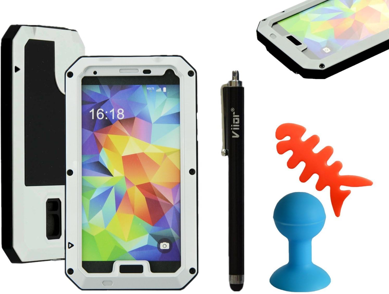 Viior Premium Aluminum Metal Extreme Luxury Shockproof Dust/Dirt Proof Gorilla Glass Military Heavy Duty Protection Hard Cover Skin Case for Samsung Galaxy S5 SV I9600+Viior Octopus Sucker Silicon Mobile Scaffold Holder+Viior brand Professional Stylus