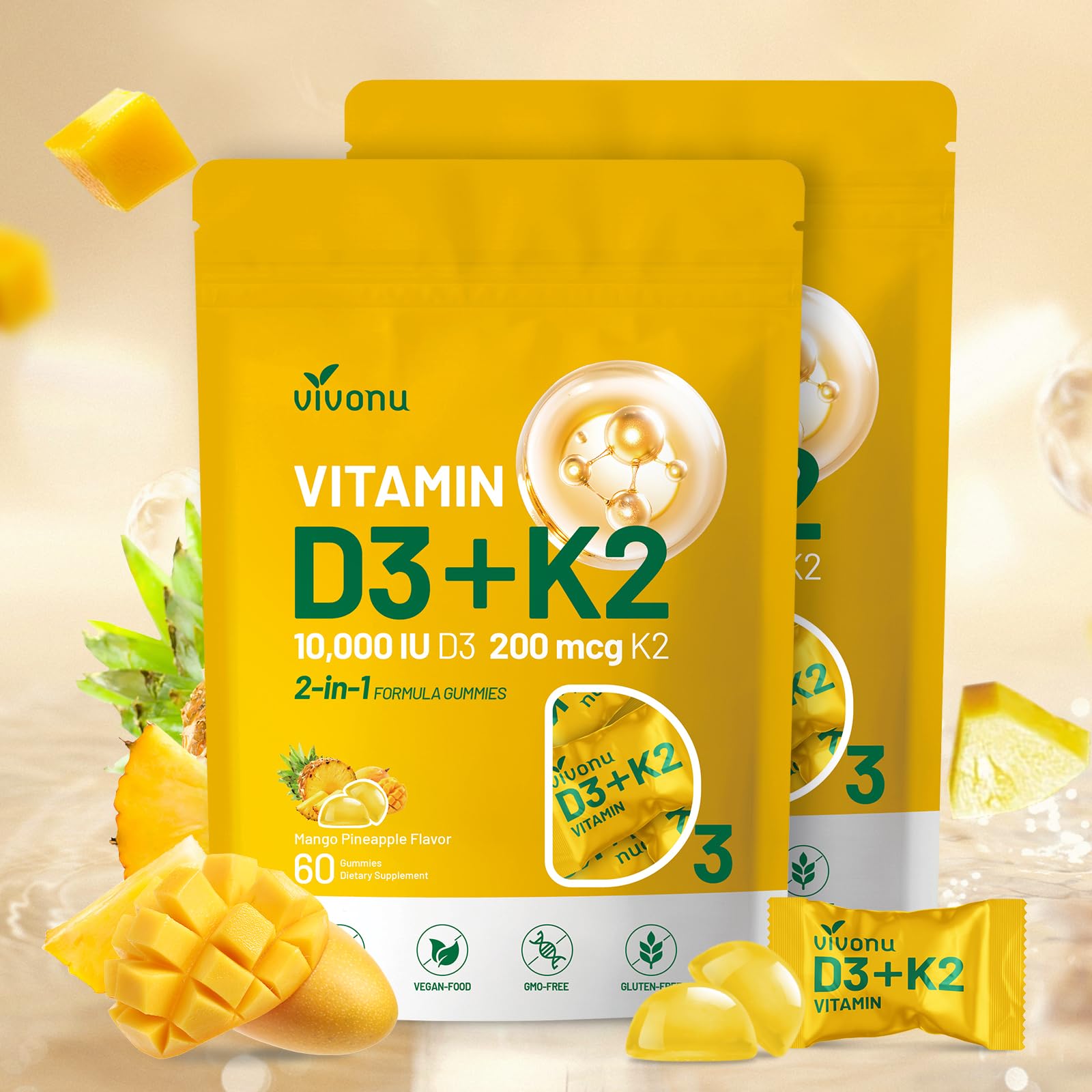 Vitamin D3 K2 Gummies, D3 10000 IU & MK7-200 mcg, 2 in 1 Vitamins D & K Complex | Vitamina D3 con K2 | Supports Calcium Absorption, Bone, Immune, & Heart Health, Easy to Carry and use (120 Gummies) Image