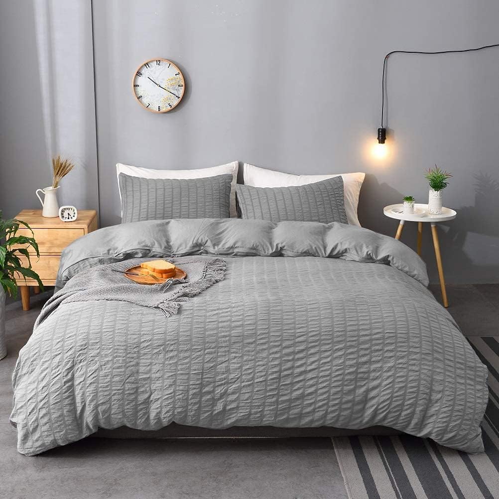 SeventhStitch Seersucker Duvet Cover with Pillow Cases White Waffle Bedding Set 100% Cotton 200 Thread Count Quilt Covers Double King Super King Bed Size (Silver, King)