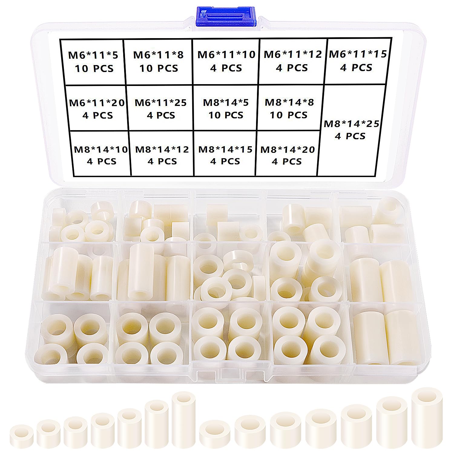 YIXISI 80 PCS ABS Round Spacer Assortment Kit, for M6 / M8 Screws, Non Threaded Column Standoff Support Spacer, OD 11/14 mm, White