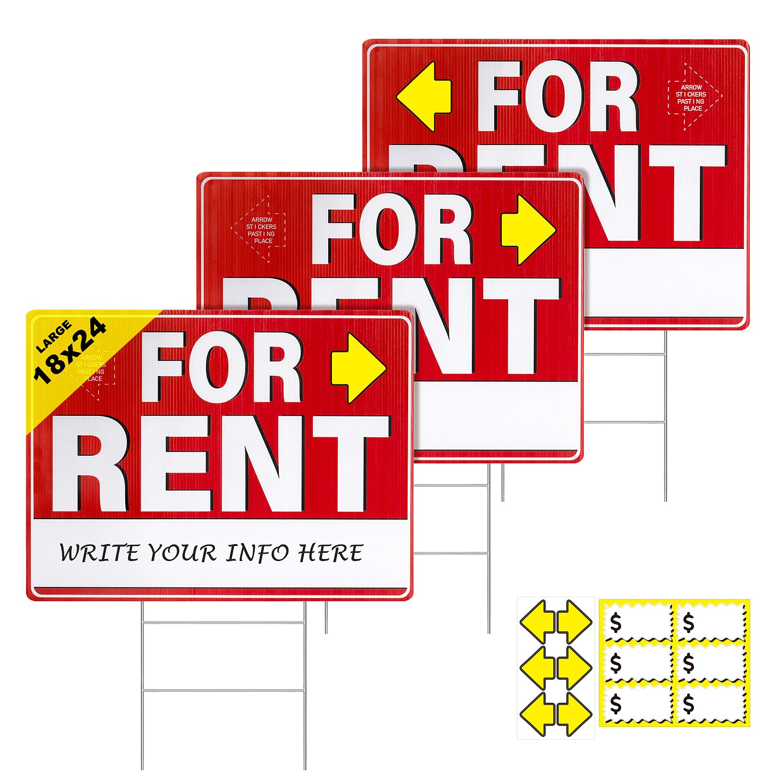 Photo 1 of Decorniqu 3 Pack Large For Rent Signs with Stakes 18" x 24" Double-Sided Weather-Proof For Rent Sign with Pricing Stickers Arrow Stickers Corrugated Plastic Yard Signs with Metal Stakes