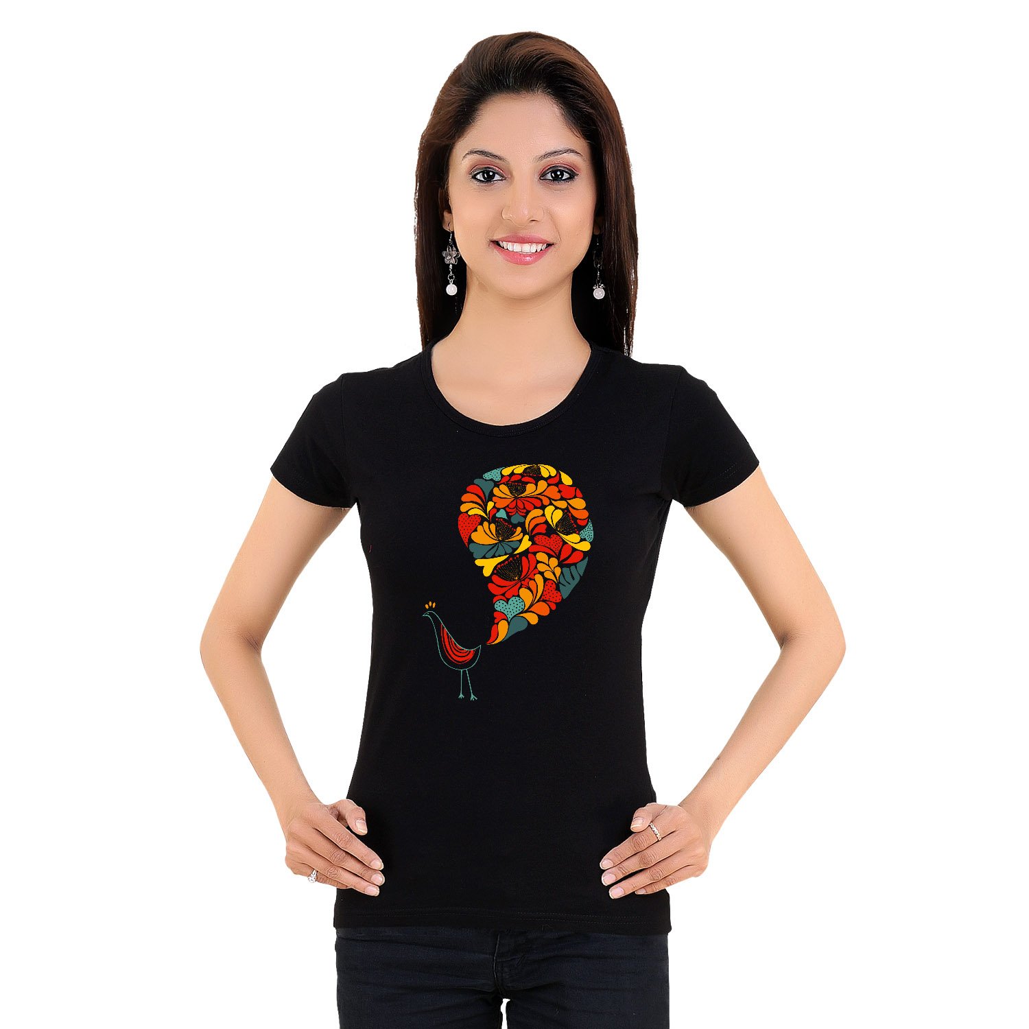tantra women 100 % super soft combed cotton flower peacock half sleeve printed tshirt
