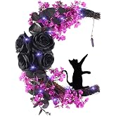 Halloween Wreaths for Front Door Lighted Black Halloween Door Wreath | Cat Rose Moon Halloweens Wreath Grapevine Wreaths Horror Decorations for Home Indoor Outdoor Party Decor (Black Moon)