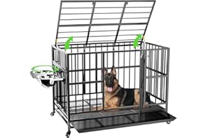 MODCART 48" Heavy Duty Dog Crate with Wheels/Unique Air Lift Rod / 360° & Adjustable 2 Bowls/Removable Dog Cage Tray Extra Large XL XXL Dog Crate
