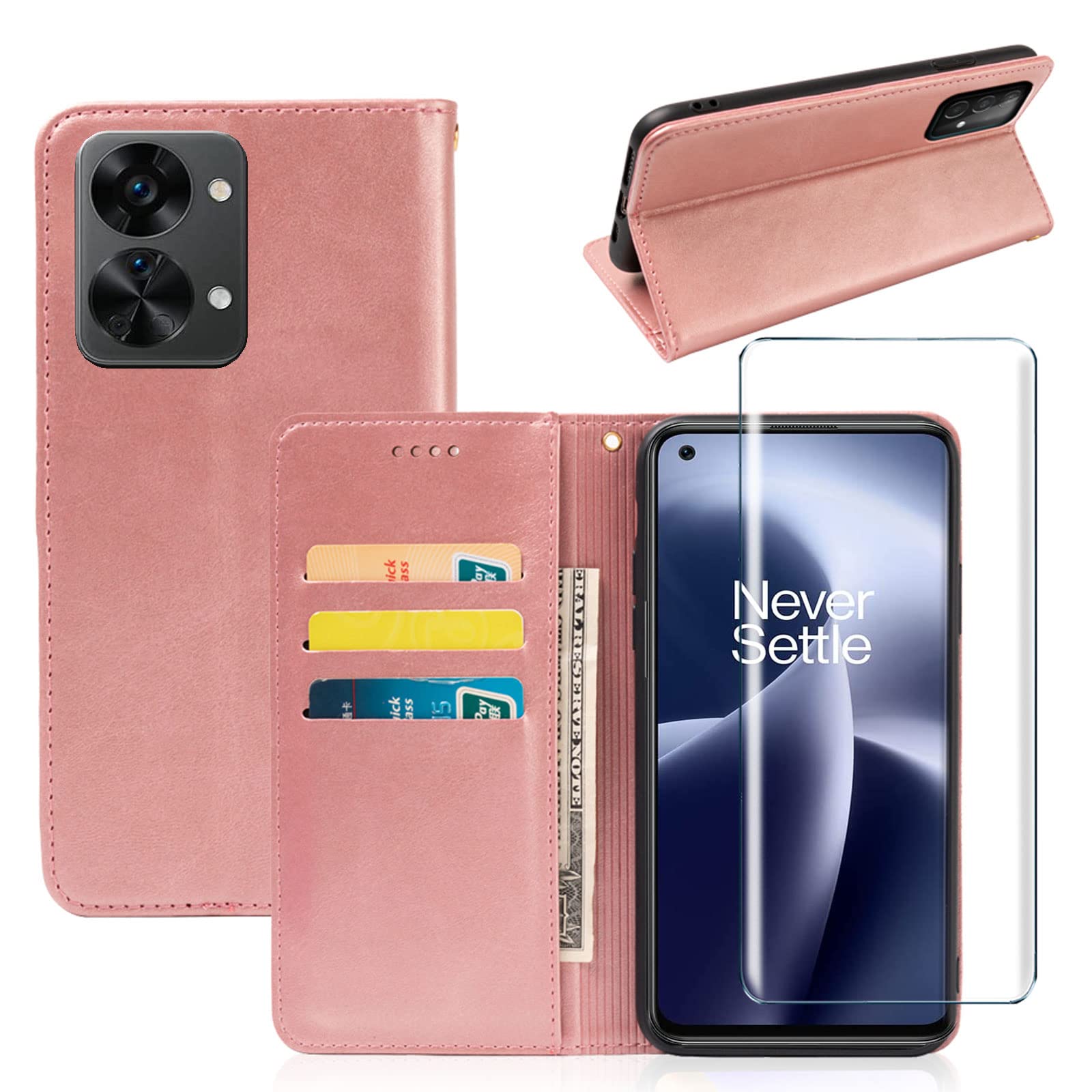 MYHY Flip Case Cover Bookstyle Shell for Oneplu Nord 2T 5G + 1Pcss Tempered Film Screen Protector Protection Film - PU PU Protection Cover Skin Shell Screen Film-pink