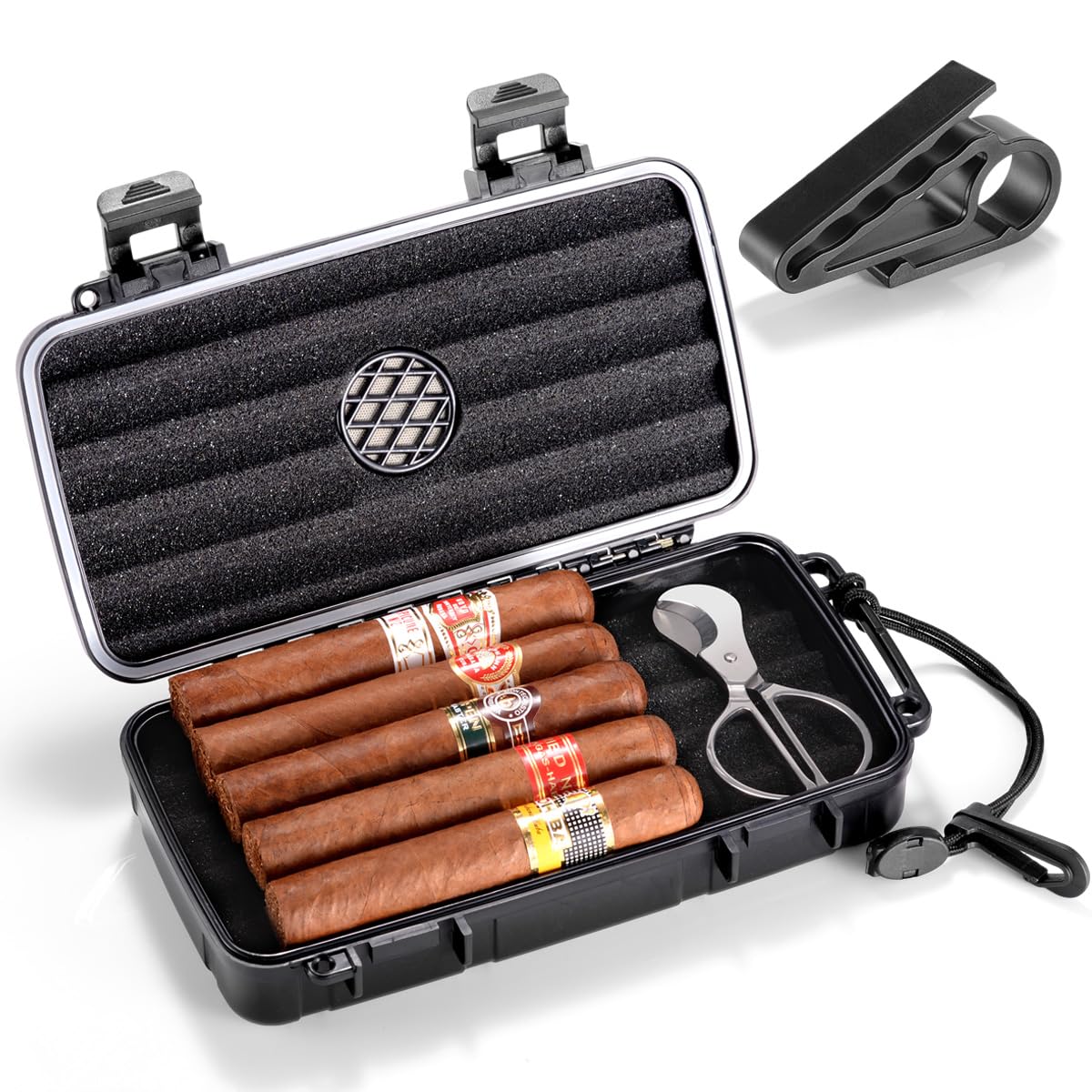 Cigar Case, Travel Cigar Humidor Case - Travel Cigar Case with Built-in Humidifier Disc, Stickers, Cigar Holder & Cigar Cutter | Airtight | Portable | Water/Crushproof (Holds up to 5 Cigars)