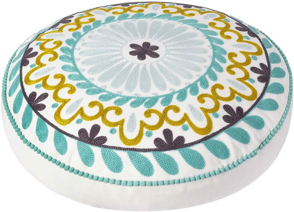 Colorful Bohemian Embroidered Round Floor Cushion, Modern Home Décor Pillow for Meditation, Yoga, and Boho Chic Seating Area Floor Pillow – Accent Your Living Room, Bedroom (18 inch Approx): Home & Kitchen