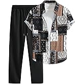 VIPWOLF Men's 2 Piece Outfit Paisley Button Down Shirts and Drawstring Waist Pants Tracksuits