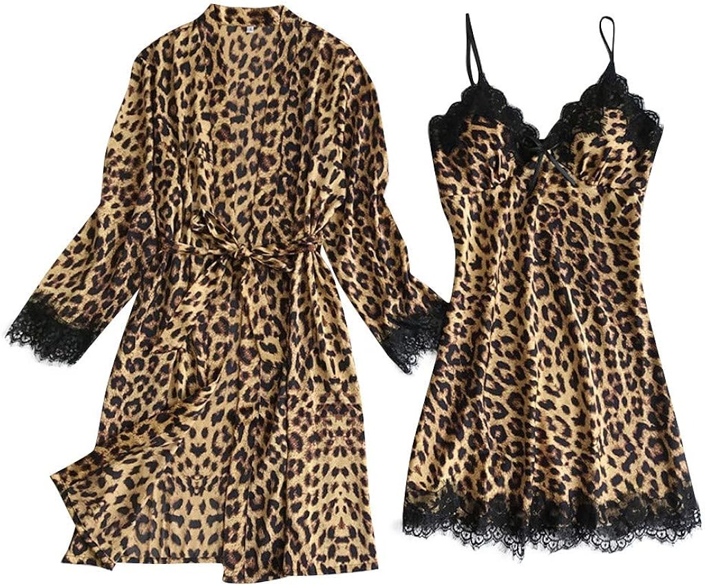 FRAUIT Pigiama Leopardato Donna Set da Notte Maniche Lunghe Abiti da