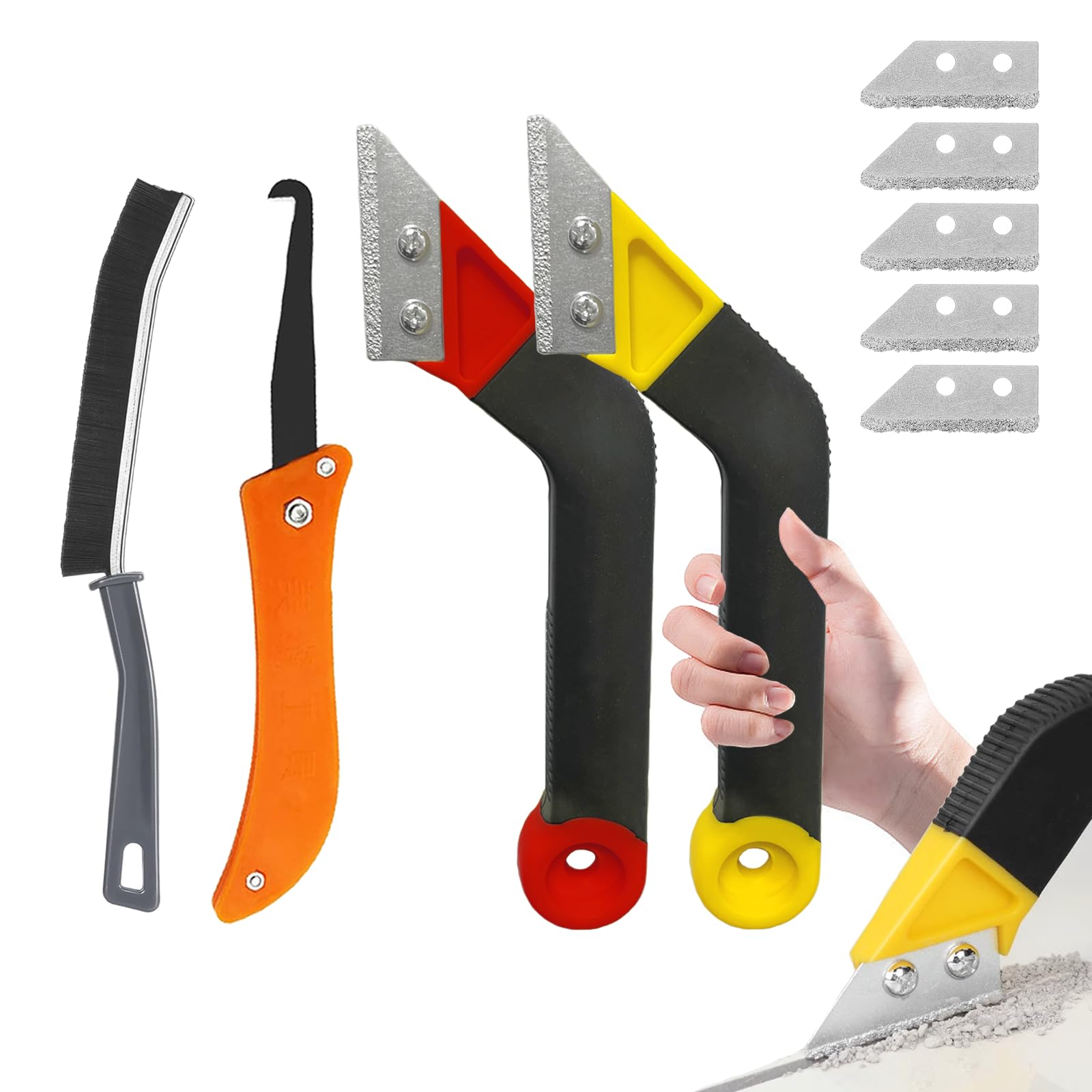 Pro Grout Removal Tool - 9 Pcs Tile Grout Rake with 2 Removal Tools, 5 Replacement Accessories, 1 Hand Saw Angled Rake, 1 Brush