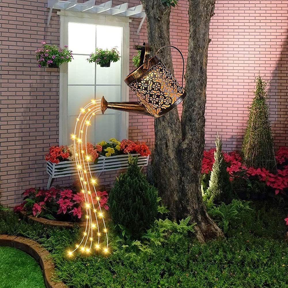 Watering Can Lights, Creative Solar Watering Can Fairy Lights, Waterproof Star Shower Garden Art LED Lights for Outdoor Garden Yard Lawn (with Bracket)