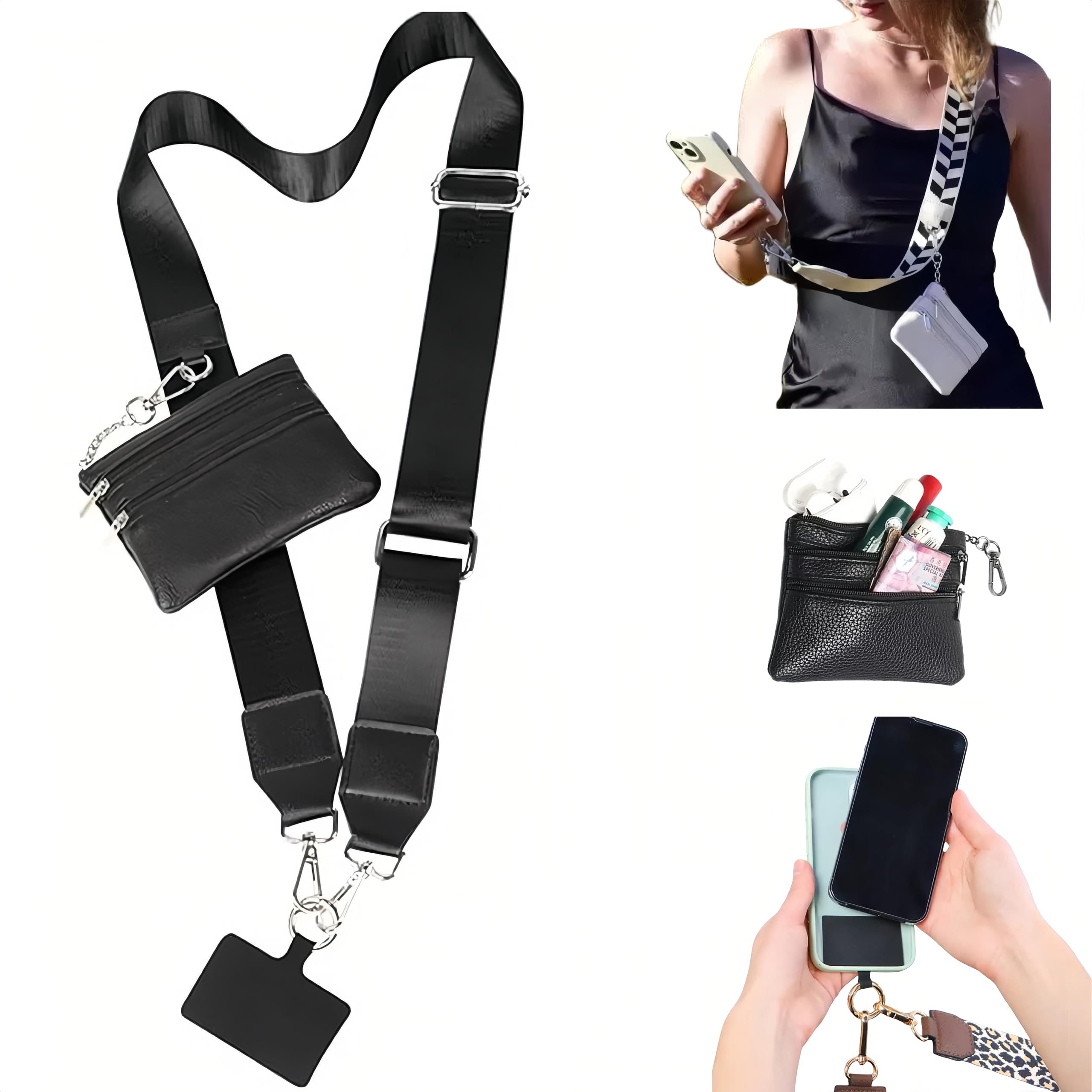 Photo 1 of Crossbody Body Phone Holder for Women, New Phone Strap with Zippered Pouch, Adjustable Crossbody Strap (Black)
