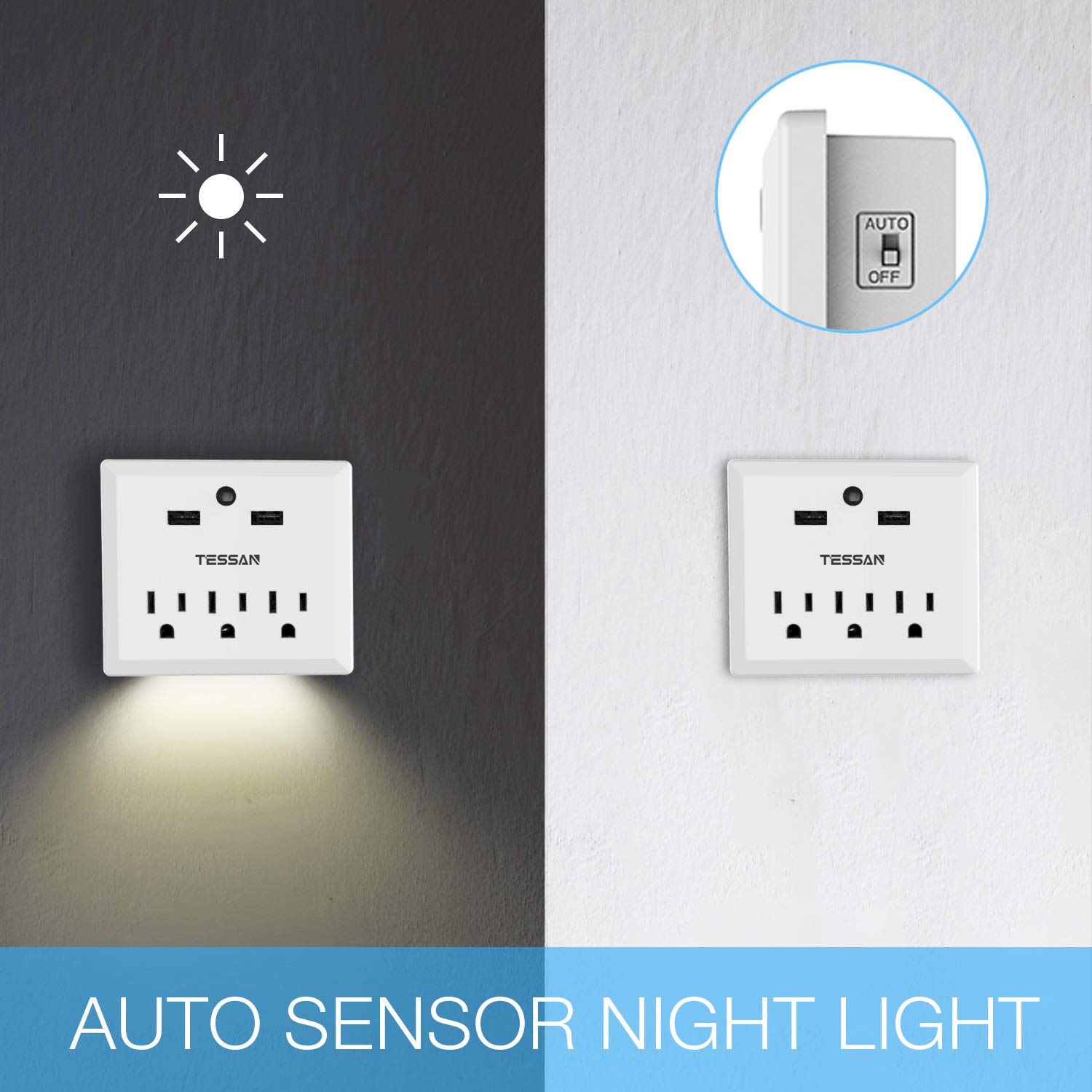 TESSAN Wall Mount 3 AC Outlets with 2 USB + 1 Type-C Port (Total 5A/25W) and Auto Sensor LED Night Light, Fireproof Safety and Fast Charging, Power Rating 1875W