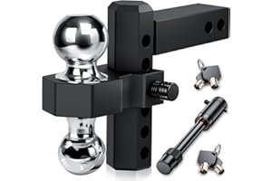 OCTOMO Adjustable Trailer Hitch for 2 Inch Receiver, 6 Inch Tow Hitch Aluminum,12,500 LBS GTW, 2" and 2-5/16" Stainless Steel Tow Hitch Balls Mount with Double Anti-Theft Pins Locks（Black）