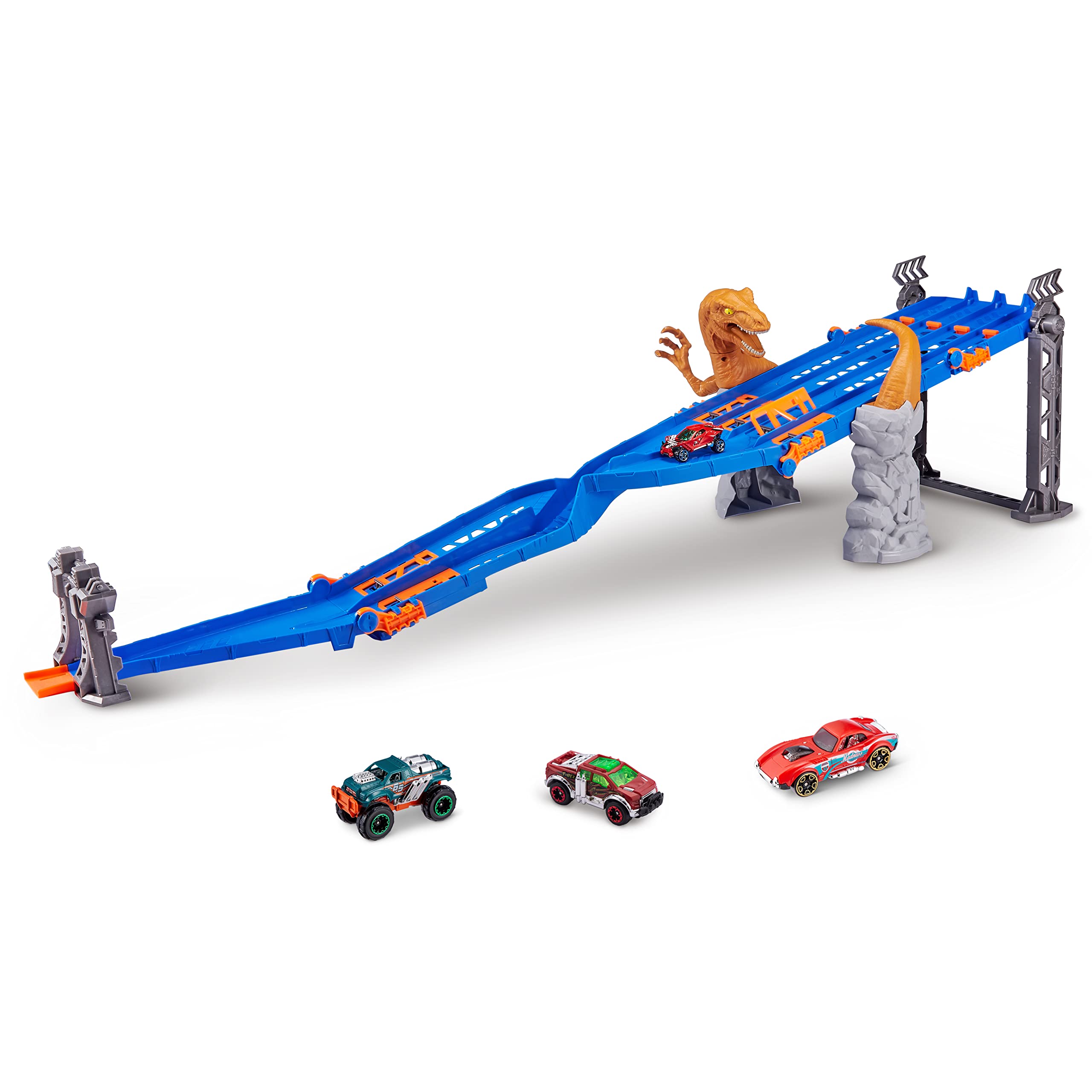 Metal Machines 4-Lane Dinosaur Raptor Attack Playset with Mini Racing Car