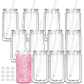 Tswofia 12 Pack Snow Globe Tumbler with Pre Drilled Hole, 16 Oz Double Wall Plastic Can with Lid and Straw, Plastic Mason Jar Mug for Snow Globe Glitter DIY Gift (Clear)