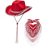 Kiluex Women Wide Brim Glitter Hat Adjustable Chin Strap Cowboy Hats Western Cowgirl Hat with Bling Bandana