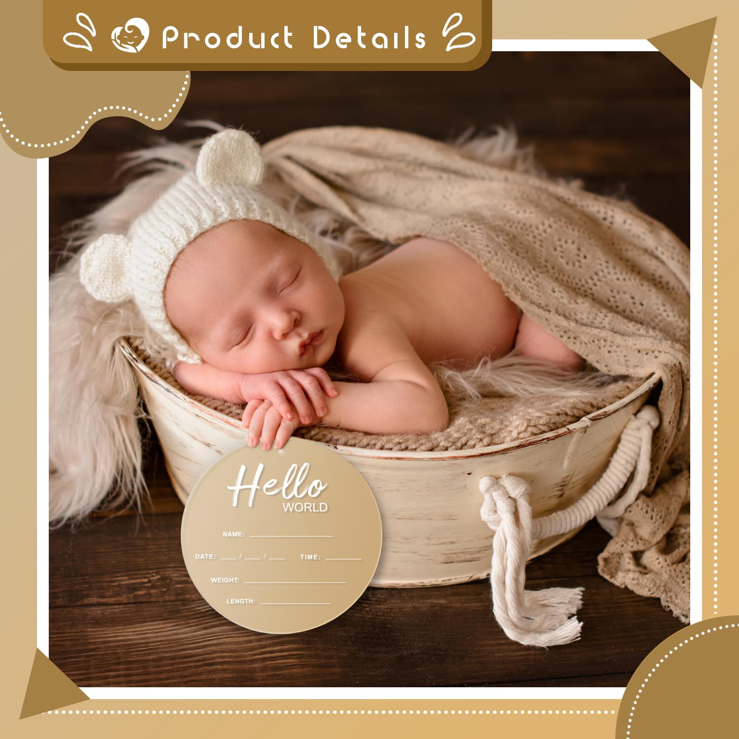Baby Announcement Sign, 6.7 Inch Hello World Newborn Sign, Thickness Upgrade Birth Announcement Sign for Hospital, Nursery Baby Shower (Cream)