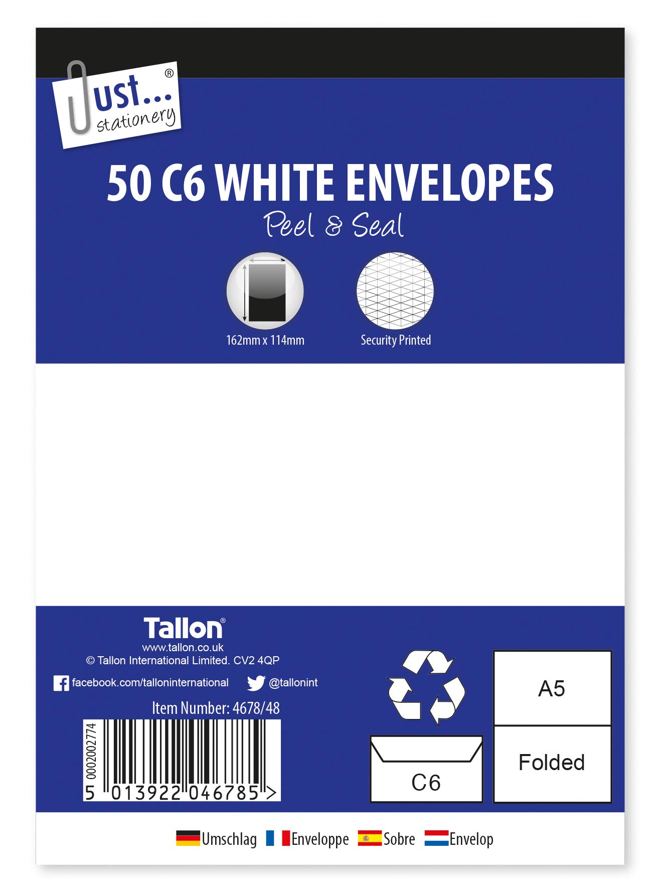 Tallon Just Stationery C6 Peel & Seal Envelopes - White (Pack of 50)