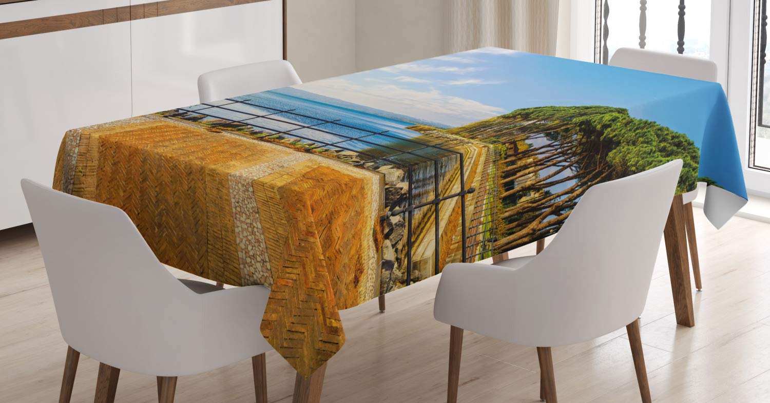 ABAKUHAUS Italian Tablecloth, Terrace Promenade Balcony and Pine Trees in Bolsena Lake Italy Print, Dining Room Kitchen Table Cover, Rectangular 140 x 200 cm, Blue and Pale Brown