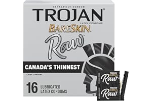 Trojan Bareskin Raw Lubricated Latex Thin Condoms, 16 Count, Canada’s Thinnest Latex Condom, Silky Smooth Lubricant for Comfo