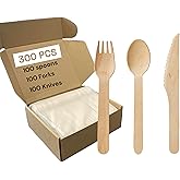 300 Pack Disposable Wooden Cutlery Set - 100 Spoons 100 Forks 100 Knives All Natural Compostable Cutlery Set