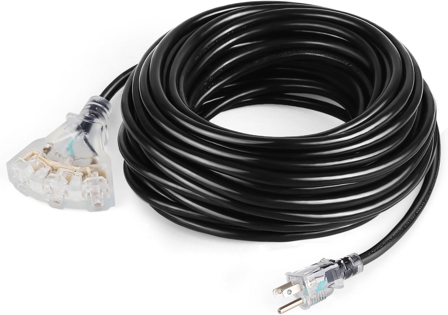 SIMBR 100 FT Extension Cord Outdoor/Indoor, Heavy Duty 14/3 Electrical Cord with 3 Lighted Outlets, 14 Gauge, 3 Prong, 15 Amps, UL Listed, SJTW, Black - - 