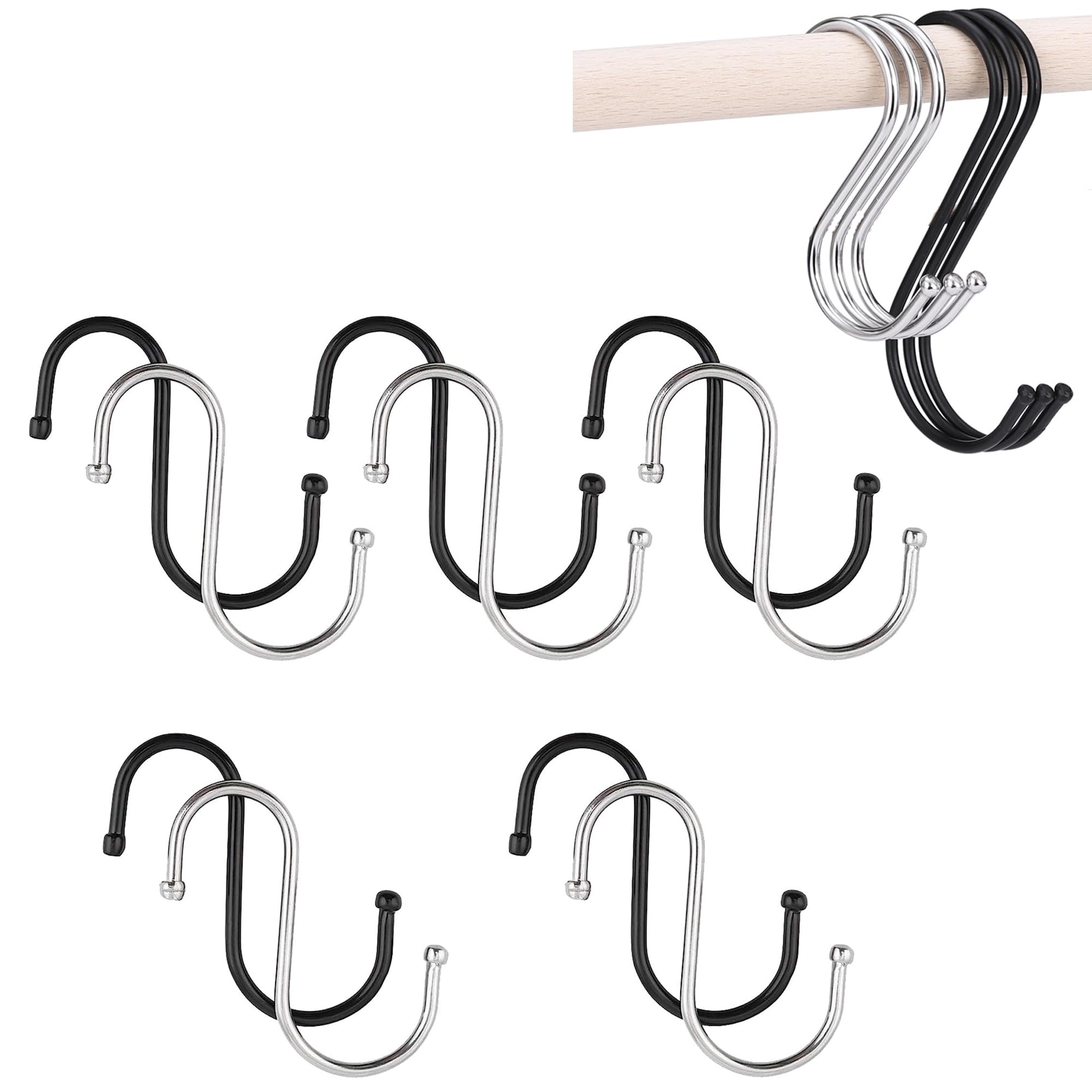 WDEC 10PCS S Shaped Hanging Hooks S Hook Multi Purpose Hook, Stainless Steel Metal S Shaped Hooks Heavy-Duty, for Spoon Pan Pot Towel in Kitchen Bedroom Bathroom Office, 5 Silver, 5 Black