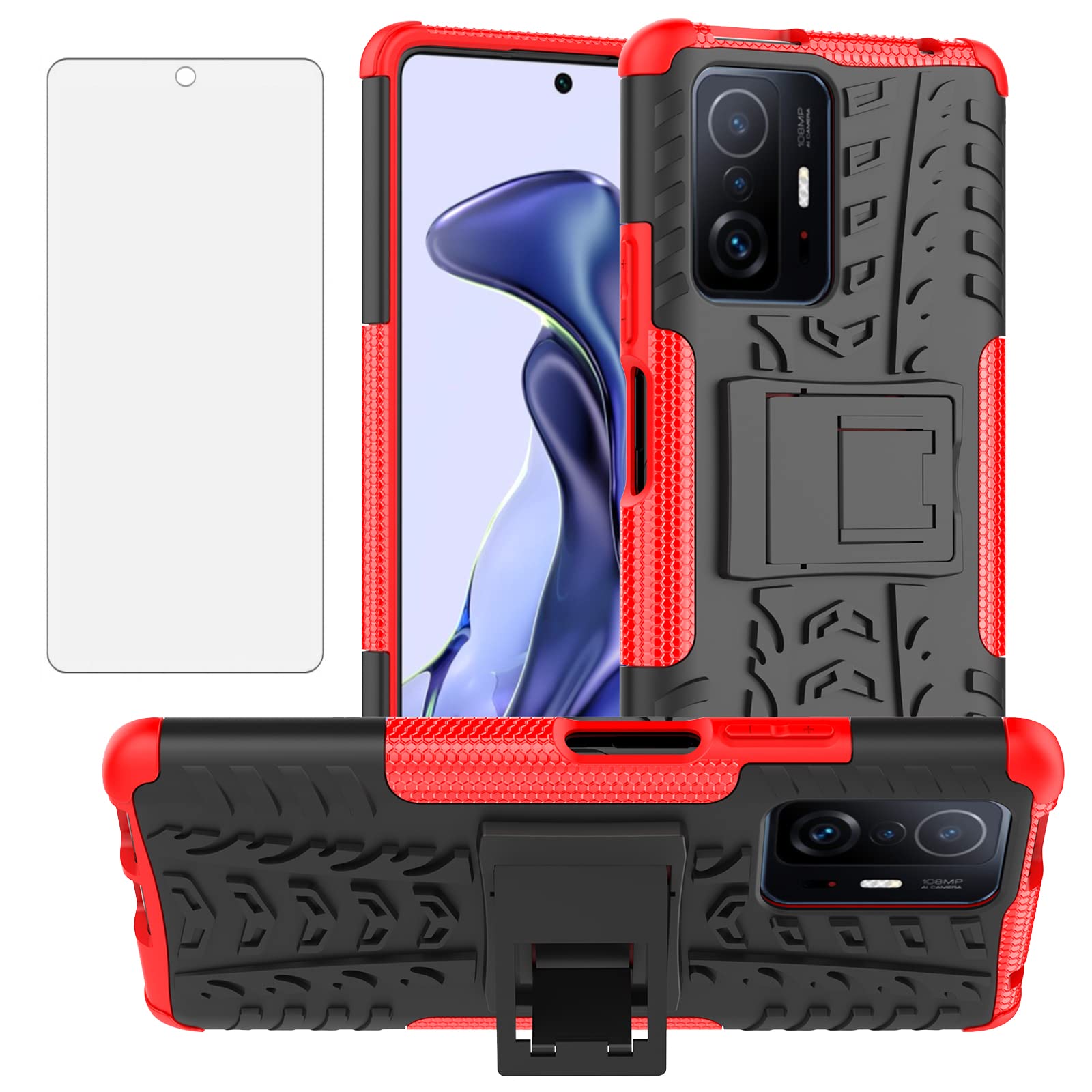 Asuwish Compatible with Xiaomi Mi 11T/Mi11T Pro 5G Phone Case and Tempered Glass Screen Protector with Stand Kickstand Hybrid Protective Cell Accessories Mi11TPro T11 G5 Women Men Girly Red
