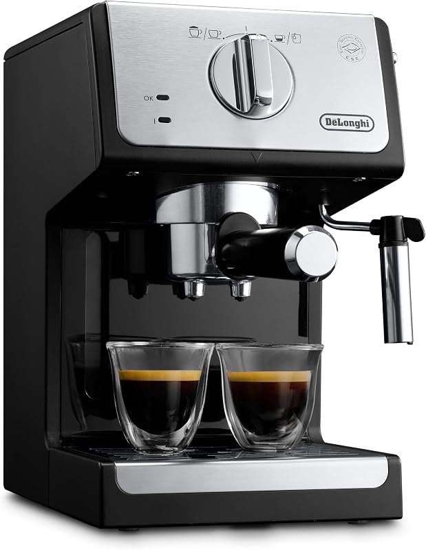 De'lonchi - café da bomba tradicional para espresso e cappuccino, para café e monodysis moídos, 2 xícaras simultaneamente, tanque de água de 1,1l, 1100 w, ecp 33.21, preto e prata — foto 2 de 6